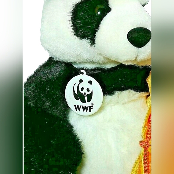 Panda BAB Plush, Vintage World Wildlife Fund, Yellow Satin Chinese Outfit 12" - Picture 7 of 8